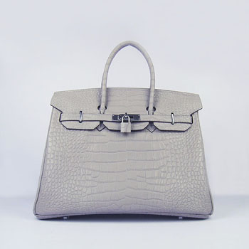 Hermes Birkin 35Cm Crocodile Stripe Handbags Grey Silver
